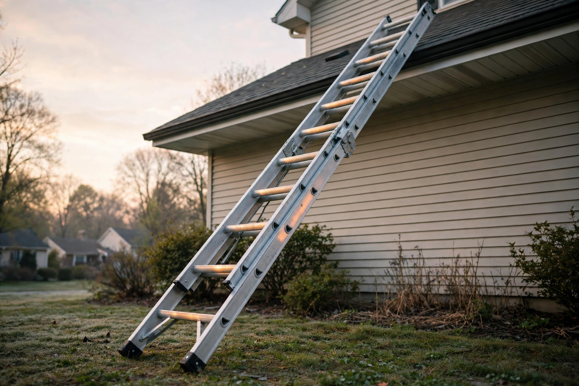 Extension ladder leaning against a house eave at dawn