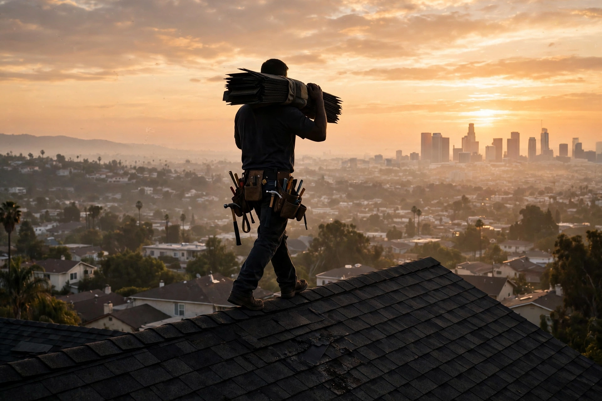 Roofer carrying shingles along a roof ridge at sunrise over Los Angeles