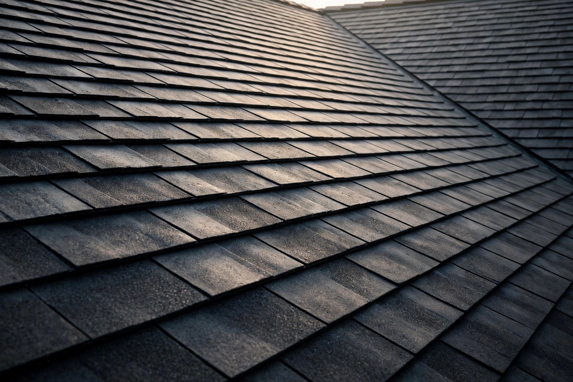Overlapping courses of architectural shingles in morning light